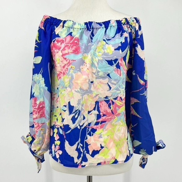 Yumi Kim Size S Tropical Blouse Off Shoulder Tie Sleeve Blue Hawaii Pink Floral - Picture 1 of 6
